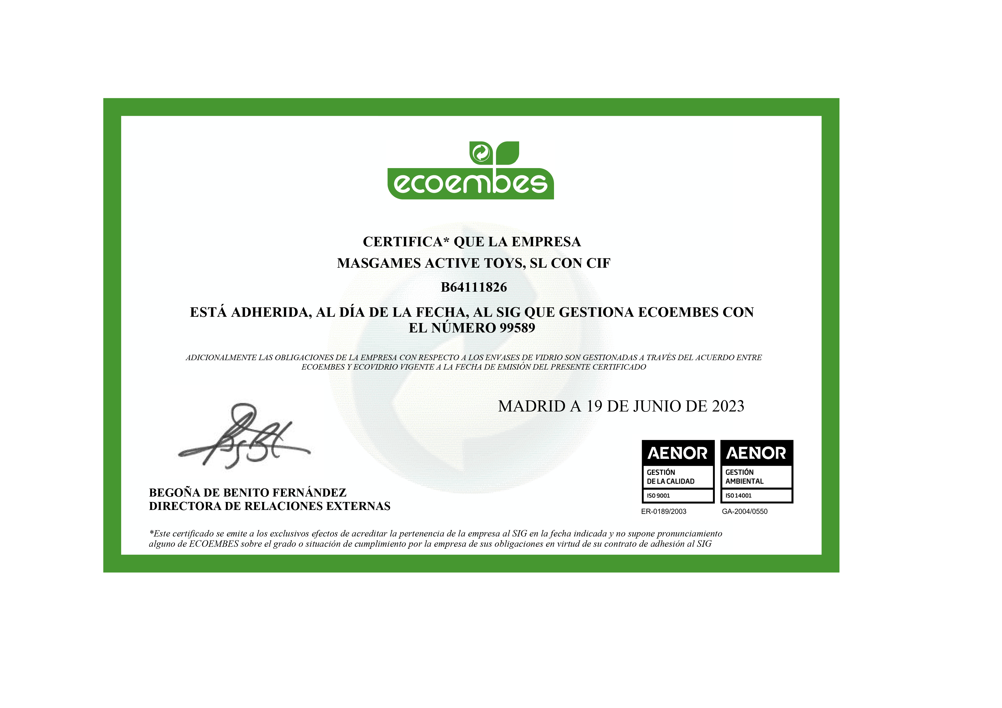 Certificado Ecoembes